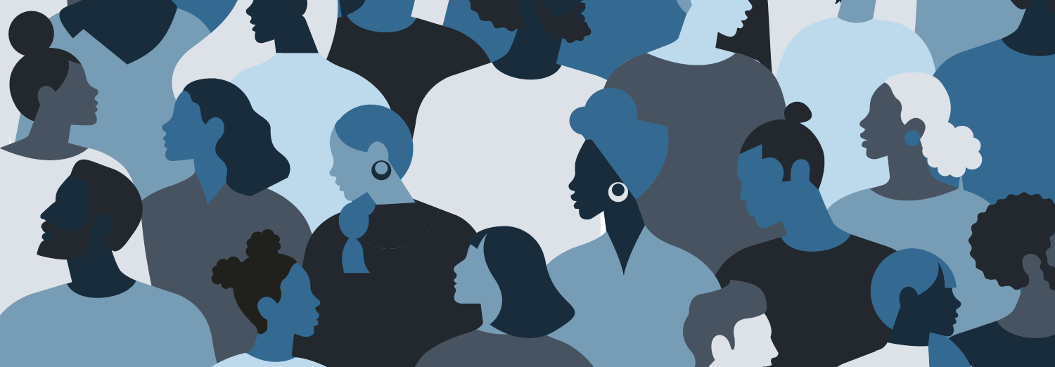 Stylized illustration of a diverse group of people in profile, depicted in varying shades of blue and gray, symbolizing community, unity, and inclusion.